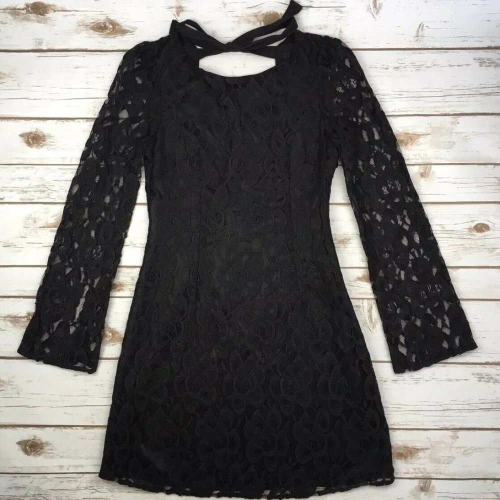 Miss Me Jeans Dress Black Sheer Lace Long Sleeve